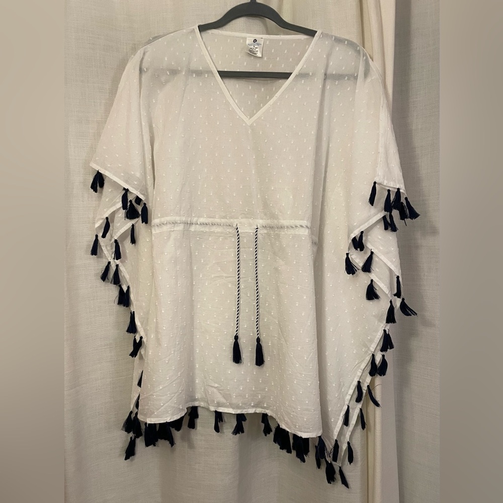 Snapper Rock White Cover Up with Navy Tassels Girls 14